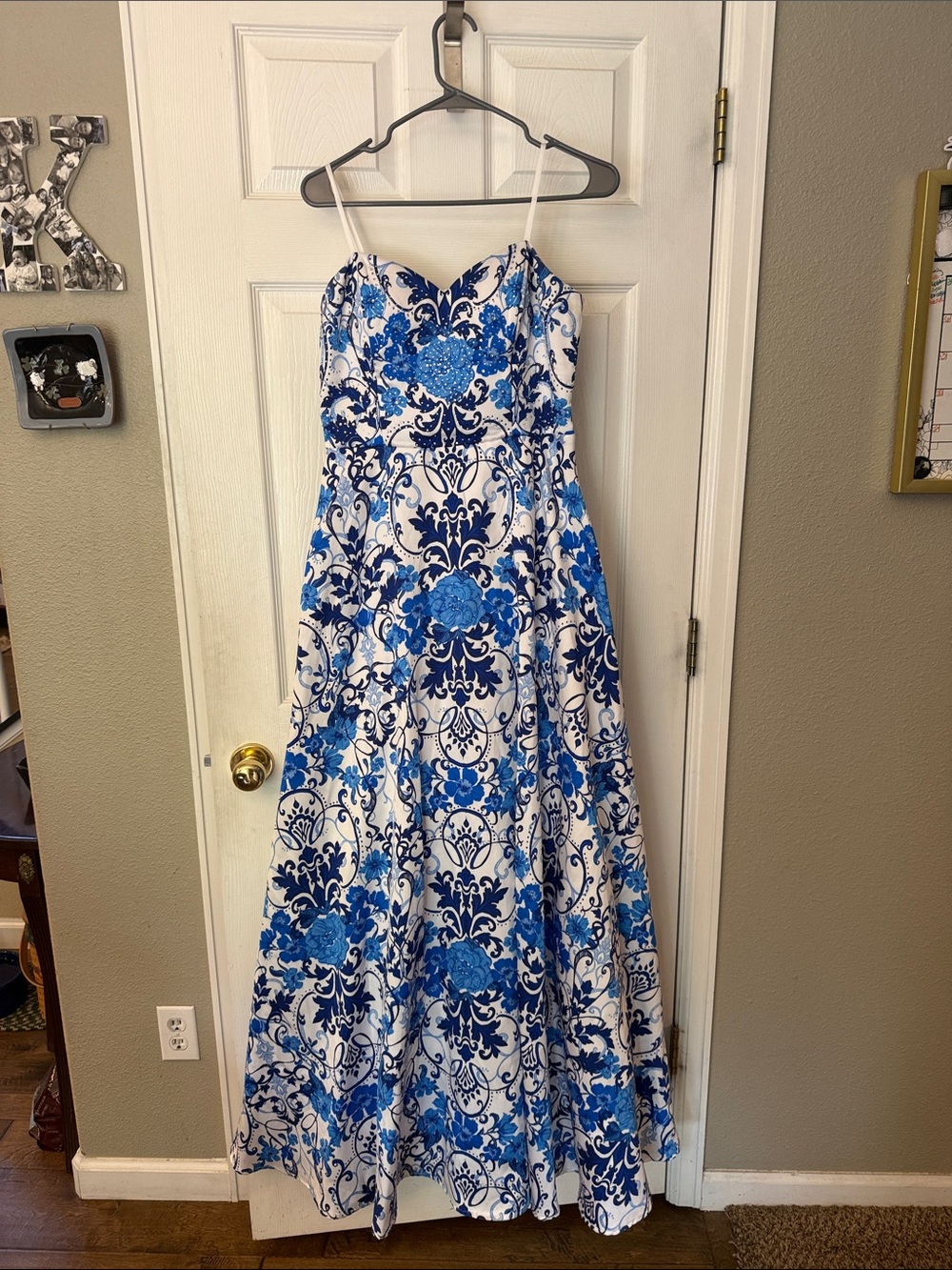 Blue & White Floral A-Line Spaghetti Strap Dress